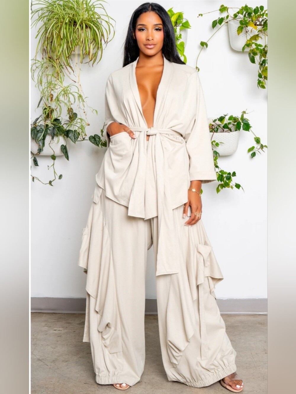 Elegant Cream Wide-Leg Jumpsuit with Tie-Waist Oversized Size xl Nwot